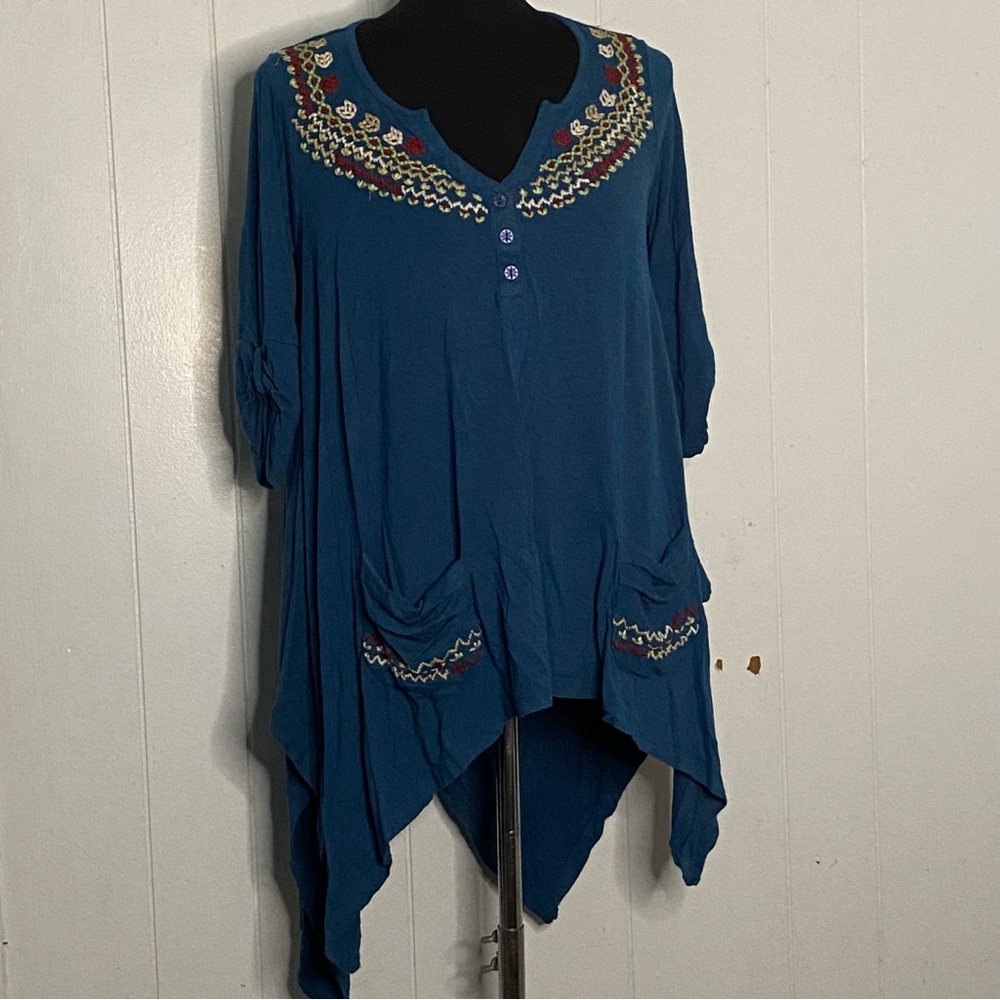 Caite Teal Embroidered Top Women’s Size Small Anthropologie Pockets..